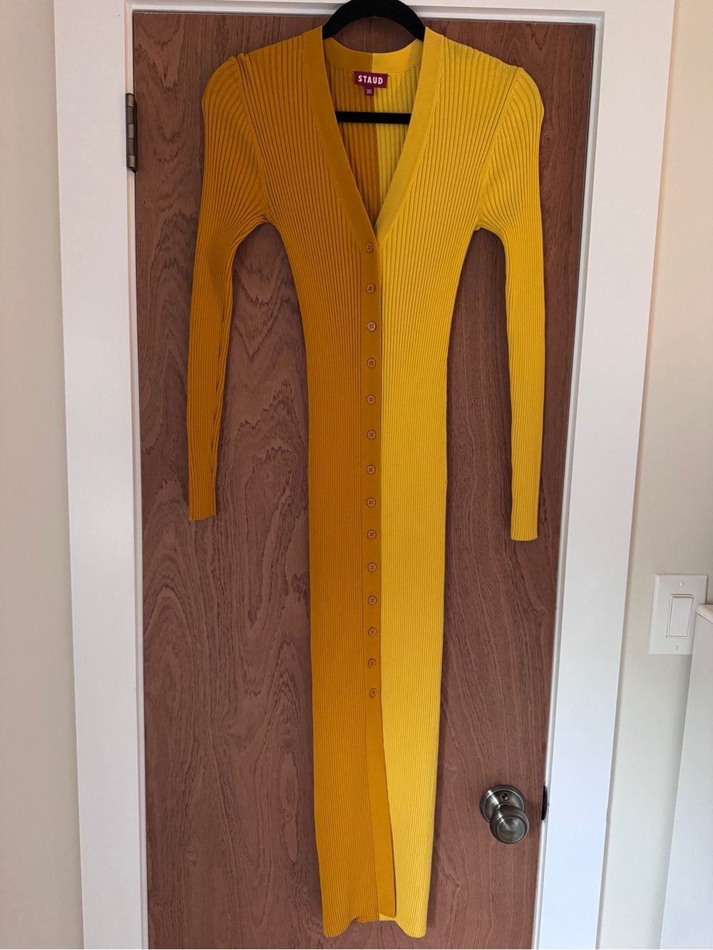 STAUD Two-Tone Mustard Yellow Ribbed Button-Front Maxi Dress